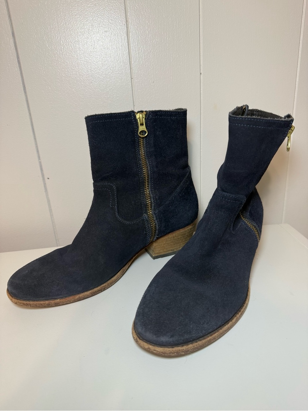 Hand Crafted Brand Navy Suede Booties Side Zip Western, Boho, Costal Cowgirl